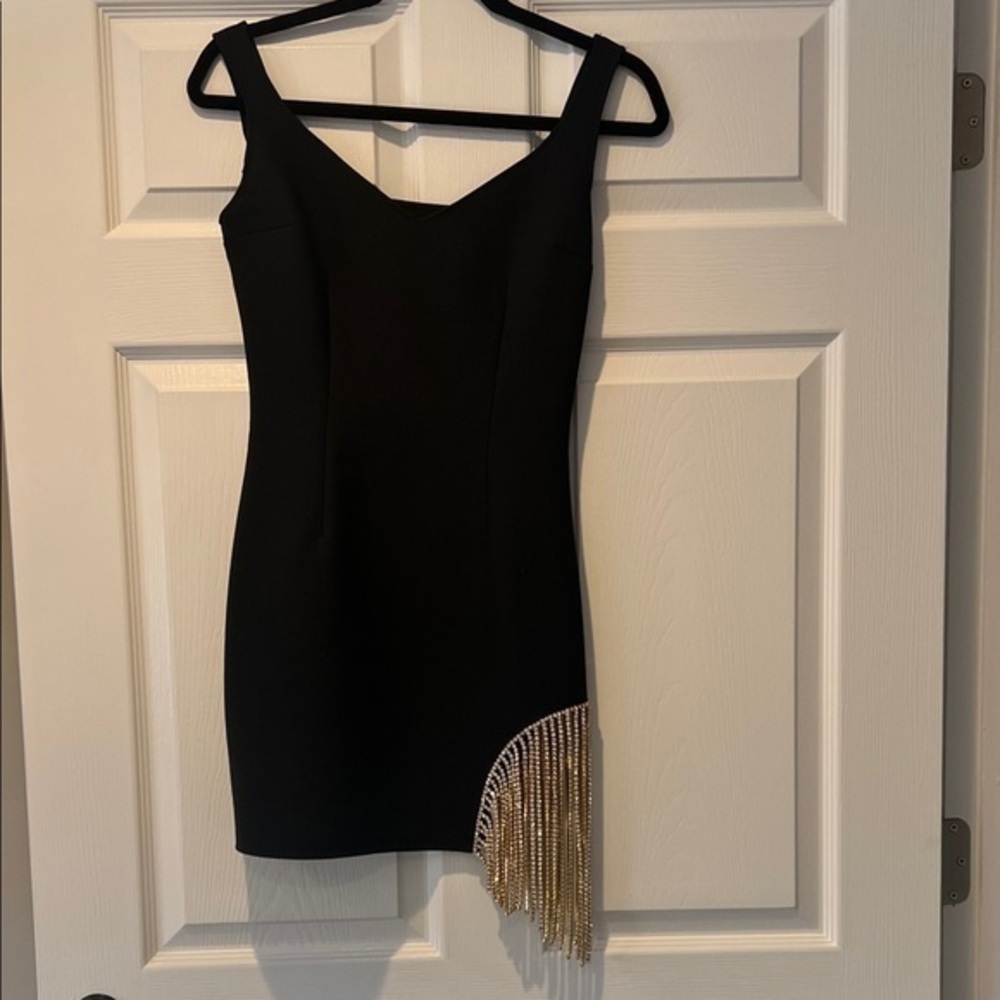 AREA Black Gold Rhinestone Fringe Mini Cocktail Dress Size 0